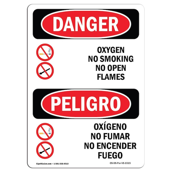Safety Sign, OSHA Danger, 24" Height, Aluminum, Oxygen No Smoking No Open Flames Spanish